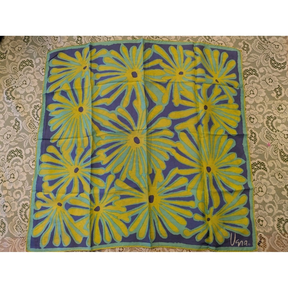 Vintage Vera Silk Scarf 20x20 Square Floral Burst Pattern Blue & Yellow Colorful
